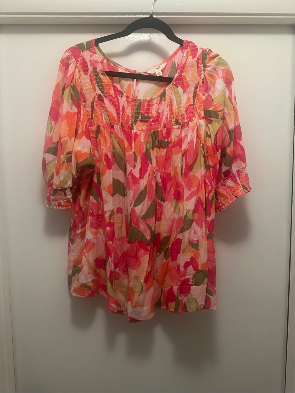 Terra & Sky Coral and Green Floral Peasant Top